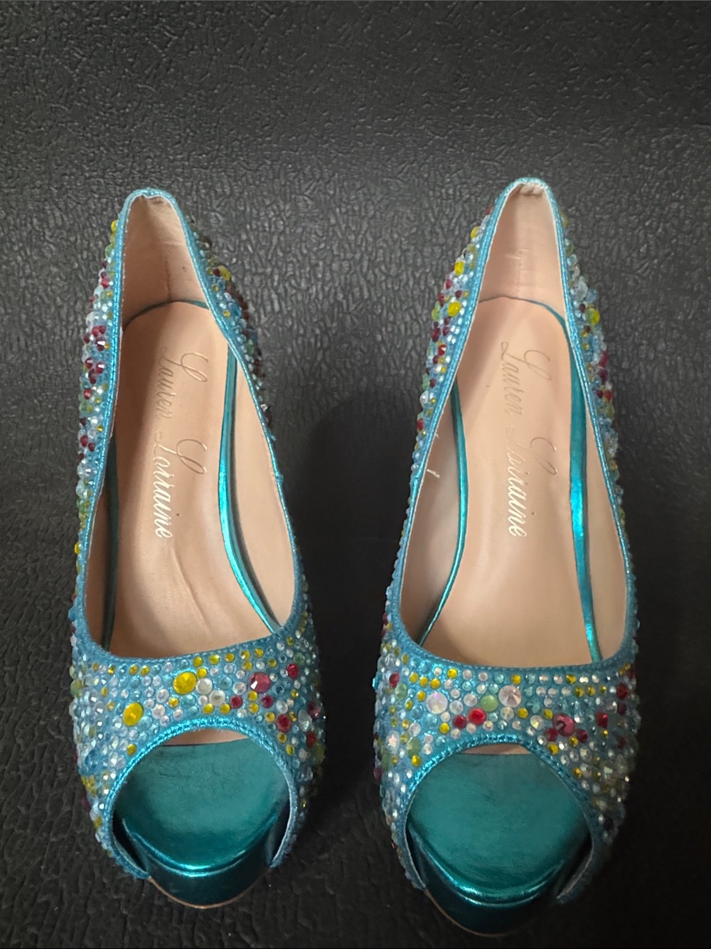 Lauren Lorraine Turquoise Crystal-Studded Peep-Toe Heels